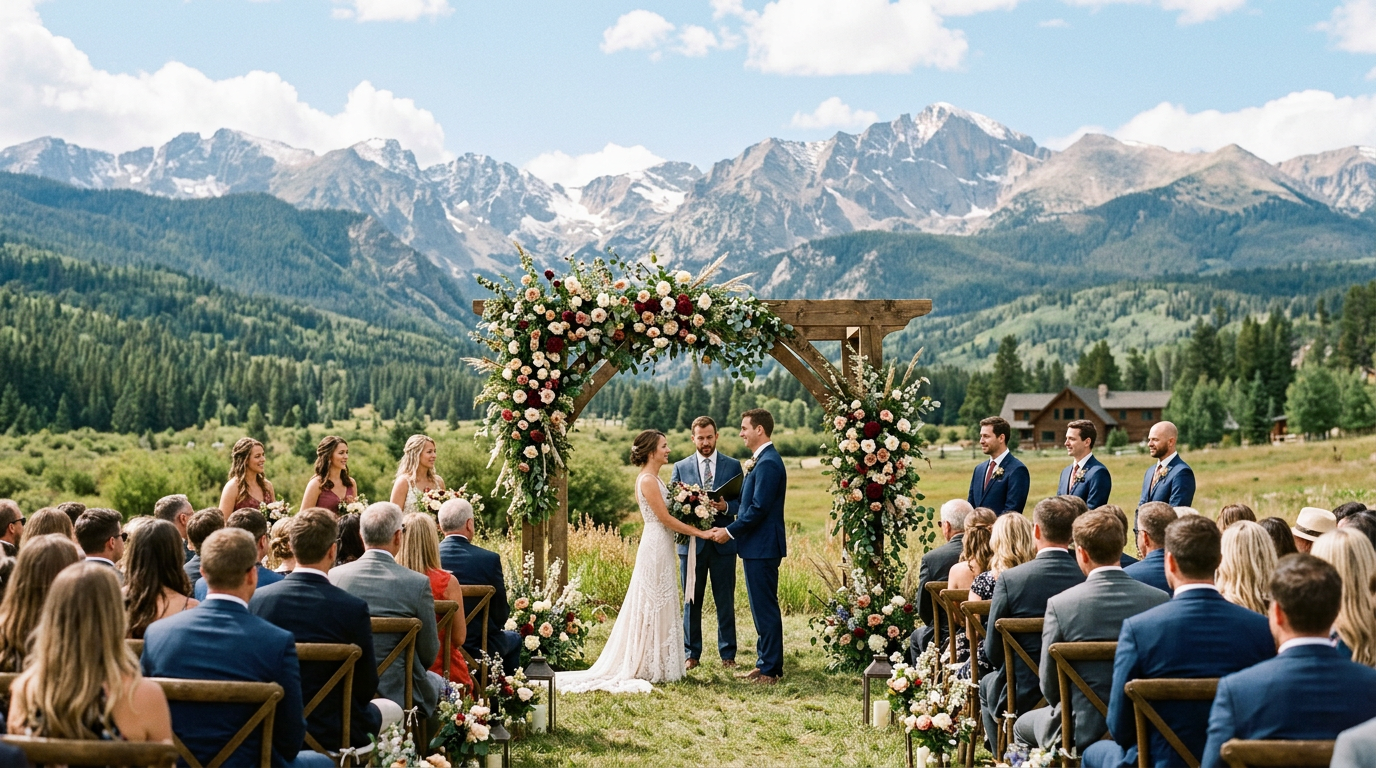 Wedding couple standing under floral arch exchanging vows outdoors with guests seated and mountains in background